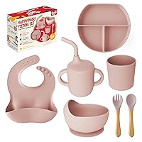 Silicone Baby Feeding Set – Complete Self-Feeding Set with Suction Plate, Spill-Proof Bib, Wooden Spoon & Fork, Leak-Proof Cups – Encourage Independence, Healthy Eating in Infants and Toddlers