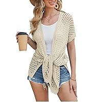 GRACE KARIN Mesh Cardigan Sweaters for Women Crochet Short Sleeve Open-Front Long Cardigan Cover ups Knitted Sheer Tops