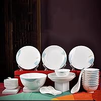 38 PCS Fine Bone China Dinnerware Set, Tableware,10* Rice Bowls 10* Small Spoons 6*Plates 1*Soup Bowl 1*Large Spoon 10*Sauce Dish, Kitchen Porcelain Combination Dinnerware Set