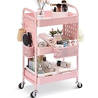 TOOLF 3-Tier Utility Cart, Metal Rolling Storage Cart with DIY Pegboards, Art Craft Trolley with Baskets Hooks, Organizer Serving Cart Easy Assemble for Office, Bathroom, Kitchen, Kids' Room, Pink