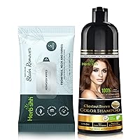 Herbishh Hair Color Shampoo for Gray Hair Chestnut Brown 500 ML + Hair Color Stain Remover Wipes (5 Wipes)