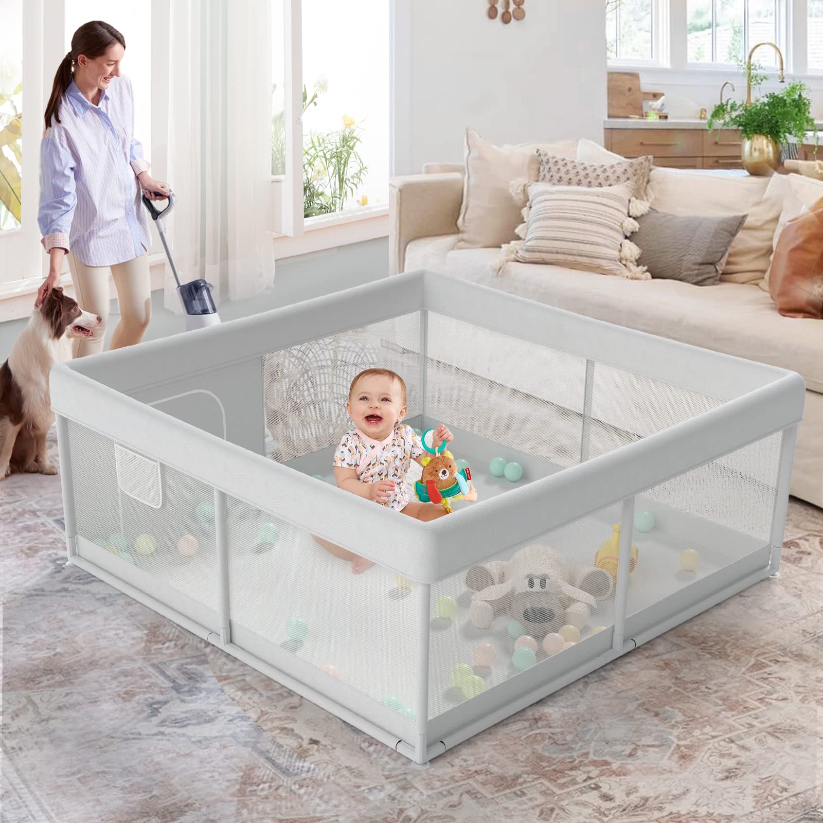 Fodoss Baby Playpen, Playpen for Babies & Toddlers, 47x47 Small Baby Play Pen,Toddler Playpen for Apartment,Play Yard for Baby,Baby Activity Play Fence, Extra Large Baby Playard, 47x47 Light Grey