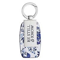Christian Art Gifts Blue Floral Faux Leather Keychain | Be Still & Know Psalm 46:10 Bible Verse | Faith Keychain for Women w/Gift Tin