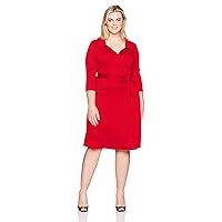 Star Vixen Women's Plus-Size 3/4 Sleeve Faux Wrap Dress with Collar, red, 2X