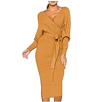 XJYIOEWT Sundresses for Women 2024 Midi Long, Women's Fashion Knitted Long Sleeve V-Neck Sexy Hip Wrap Warm Long Dress