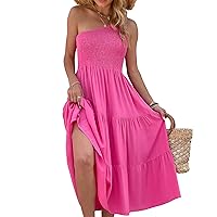 Women's One Shoulder Summer Casual Dresses Beach Vacation Travel Boho Sleeveless Smocked Maxi Long Dress