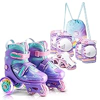 SULIFEEL Adjustable Roller Skates for Beginner with Rainbow Unicorn Knee Pads Snow Purple Small