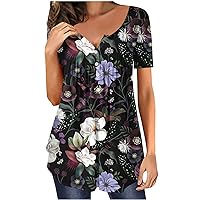 VWomens Tops Hide Belly Tunic Shirt Summer Pleated Button Up V Neck Henley Shirts Casual Empire Waist A-Line Flowy Blouseses