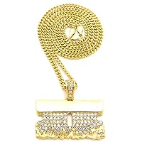 Razor Blade Crystal Rhinestone Pendant Gold Color with 24 Inch Cuban Link Necklace