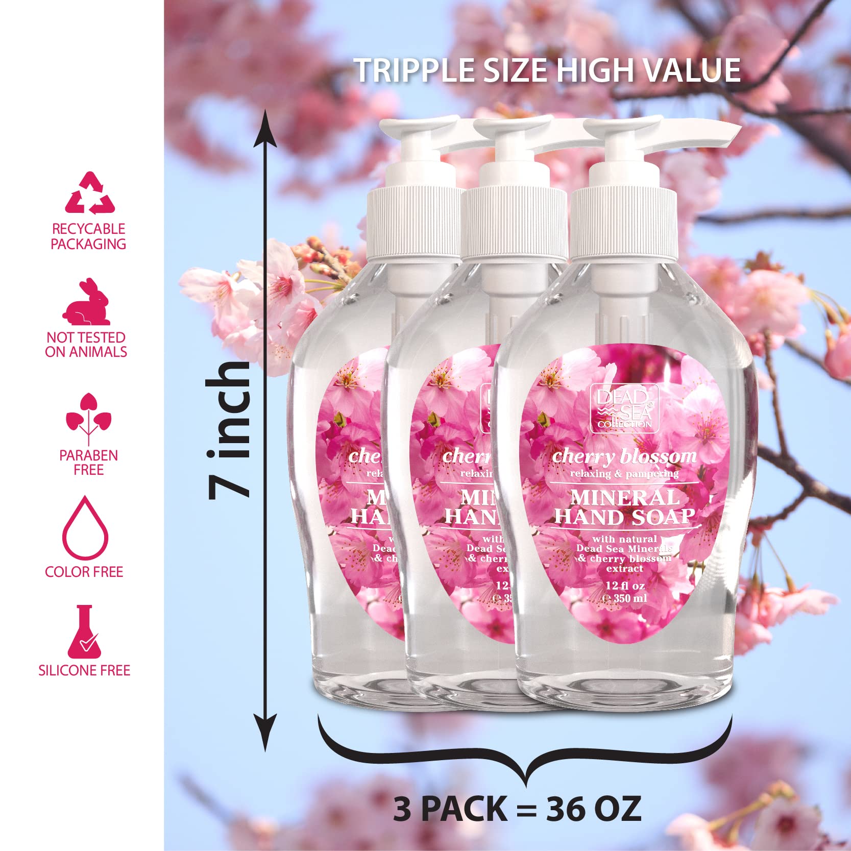 Dead Sea Collection Cherry Blossom Hand Soap – Liquid Hand Soap for All Skin Types – Pack of 3 (12 Fl. Oz. Each)