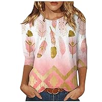 Graphic Tees for Women,Round Neck Trendy Print Graphic Shirt 3/4 Length Sleeve Womens Tops Going Out Tops for Women