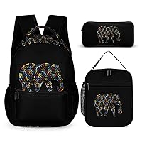 Autism Awareness Elephant 3 Pcs Backpack Set Portable Lunch Bag Pencil Pouch for Office