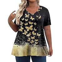 Tops for Women Trendy Short Sleeve Womens Shirts Dressy Casual Plus Size T-Shirts V Neck Casual Clothing Retro Gradient Print