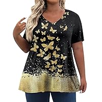 Plus Size Tops for Women Dressy Short Sleeve V Neck Shirts for Women Summer Tops for Women 2024 Floral Print Top Cute Tunic