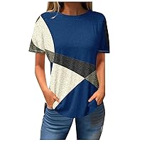 Women Color Block Casual Tops Fashion Summer Blouses Sexy Classy Short Sleeves Tunic Top Loose Fit Beach T Shirt