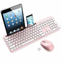 Wireless Keyboard and Mouse Combo with Phone and Tablet Holder, LeadsaiL Wireless USB Mouse and Full-Sized Computer Keyboard Set for Windows Laptop, Desktop, PC-Pink