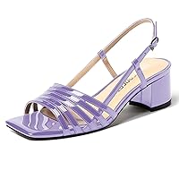 Women's Dress Square Open Toe Ankle Strap Slingback Patent Party Chunky Low Heel Sandals 2 Inch