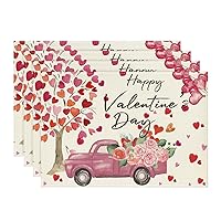 Artoid Mode Heart Tree Truck Happy Valentine's Day Placemats Set of 4, 12x18 Inch Seasonal Spring Table Mats for Party Kitchen Dining Decoration