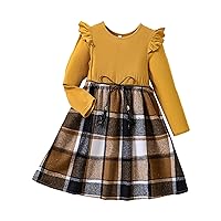 Toddler Big Kids Long Sleeve Ruffle Colour Block Dress Plaid Hem + Spaghetti Belt Girls' Holiday