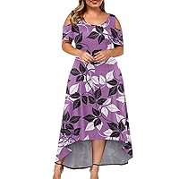 Vintage Dress for Women, Boho Dresses Dresses for Women 2024 Womens Daily Round Neck Dress Short Sleeve Dressy Irregular Hem Casual Printed Ladies Fashion Summer Dress Strapless (Purple,5X-Large)