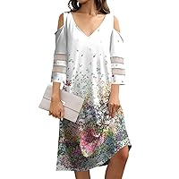 Sign in to Prime Account Cold Shoulder Dress for Women 2024 Bohemian Print Casual Sexy Patchwork with 3/4 Length Sleeve V Neck Dresses White 3X-Large