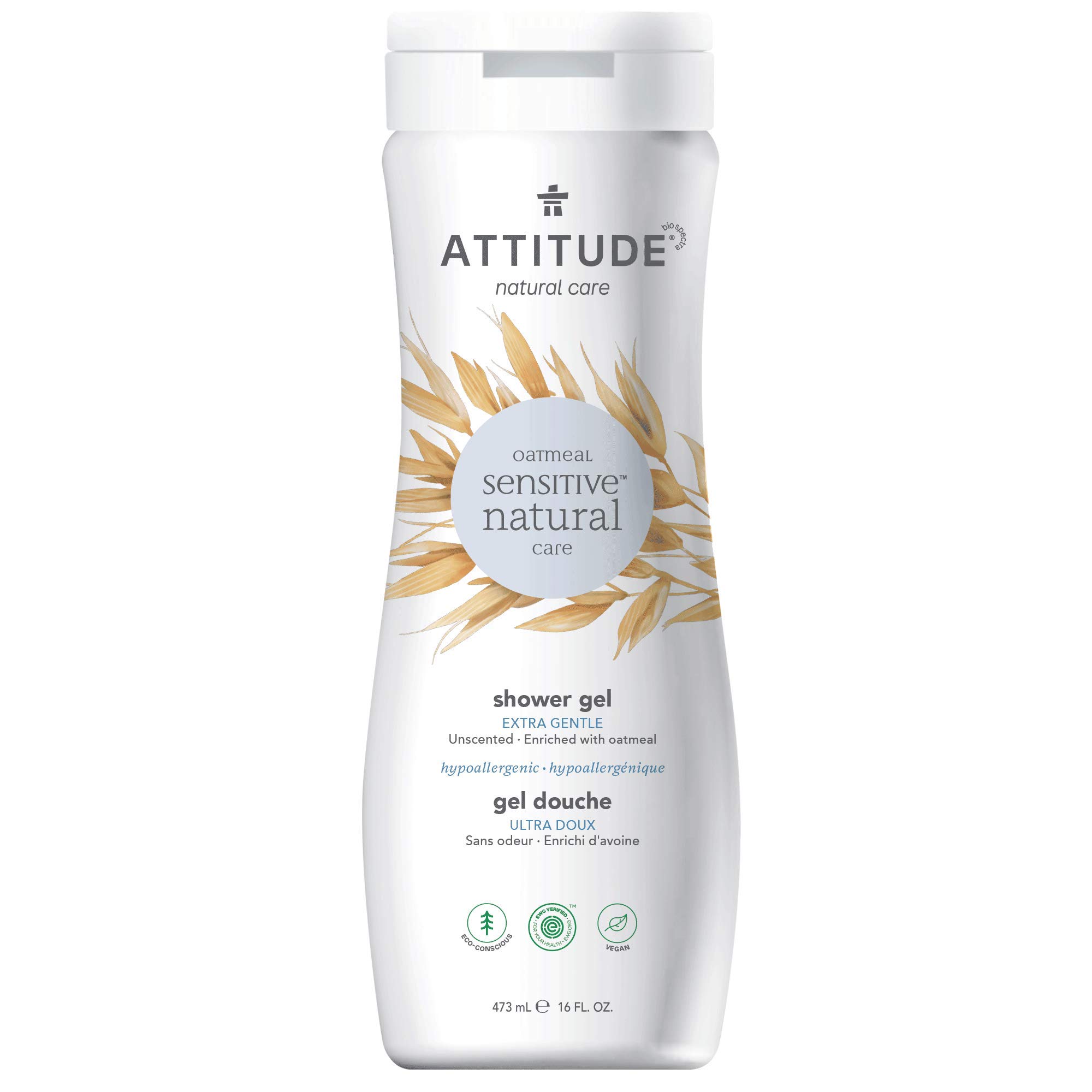 ATTITUDE Extra Gentle Body Wash for Sensitive Skin Enriched with Oat, EWG Verified, Hypoallergenic, Vegan and Cruelty-free, Unscented, 16 Fl Oz