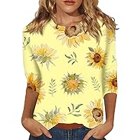 Workout Shirts Women, Sexy Tops Birthday Outfits for Women Sexy Women's Casual 3/4 Sleeve Shirt Round Neck Fashion Blouse Summer Trendy Printed Tunic 2024 Womens Daily Tee (Fluorescence Yellow,Small)