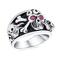 Personalize Large Men's Punk Rocker Biker Jewelry Halloween Devil Demon Gothic Caribbean Pirate Day Of Dead Simulated Red Ruby CZ Eyes Skull Head Signet Ring For Men Oxidized .925 Sterling Silver