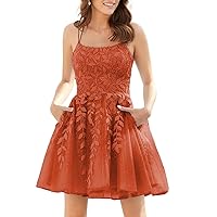 Sparkly Tulle Homecoming Dresses for Teens Lace Short Prom Dress Spaghetti Straps Party Gowns with Pockets