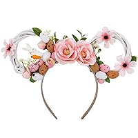 Floral Mouse Ears Headband - Pink Flower Themed Park Party Mouse Ears Headpiece Crown with Easter Colorful Eggs Decoration for Women Girls Princess Costume