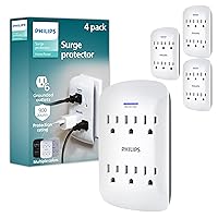 Philips Philips 6-Outlet Extender Surge Protector, 900 Joules, 3 Prong, Space-Saving Design, Protected Indicator LED Light, 4 Pack, White, SPP3469WA/37