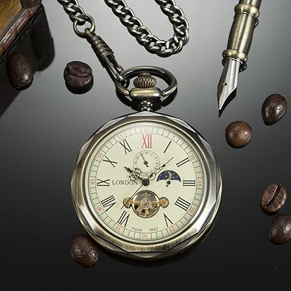 ManChDa Bronze Roman Numerals Mechanical Pocket Watch Open Face with Chain Men 24-Hour Moon Sun + Box