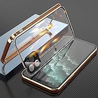 Magnetic Case for iPhone 14/14 Plus/14 Pro /14 Pro Max Double Sided Tempered Glass with Camera Protector Shockproof Aluminum Bumper 360 Full Screen Covered (Gold,iPhone14 Plus)