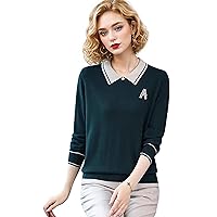 LAI MENG FIVE CATS Women's Fall Collared Knit Tops Casual Long Sleeve Pullover Sweater Blouse