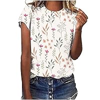 Short Sleeve Shirts for Women Flower Printing Cute Tee Tops Round Neck Fashion Summer T-Shirt Blouse Workout Work Cloth