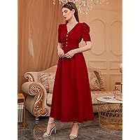 Summer Dresses for Women 2022 Ruched Puff Sleeve Fake Button -line Dress Dresses for Women (Color : Burgundy, Size : Small)