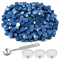 FEPITO 300 Pcs Octagon Sealing Wax Beads with 3 Pcs Tea Candles and 1 Pcs Wax Melting Spoon for Wax Stamp Sealing (Sky Blue)