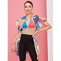 Women's Tops Women's Shirts Sexy Tops for Women Geo & Brush Print Flounce Sleeve Shirred High Low Hem Top (Color : Multicolor, Size : Small)