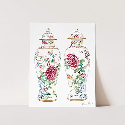 Pair of Rose Famille Ginger Jar Vases Art Print of Watercolor Painting