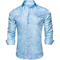 Hi-Tie Silk Sky Blue Paisley Dress Shirt for Men Casual Party Long Sleeve Regular Fit Turn Down Collar Shirt