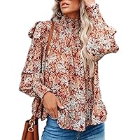 Women's Floral Print Turtleneck Long Sleeve Casual Loose Blouse Shirt Tops