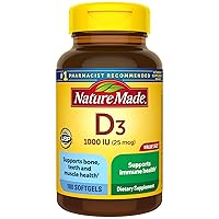 Nature Made Vitamin D3 1000 IU (25 mcg), Dietary Supplement for Bone, Teeth, Muscle and Immune Health Support, 180 Softgels, 180 Day Supply