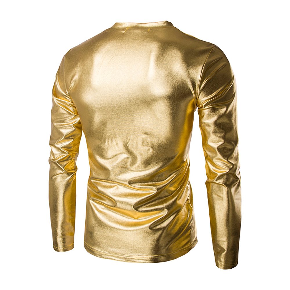 WENKOMG1 Crewneck Party T-Shirt for Men Metallic Shiny Prom Top Long Sleeve Baggy Dress Shirts Slim Fit Basic Tee