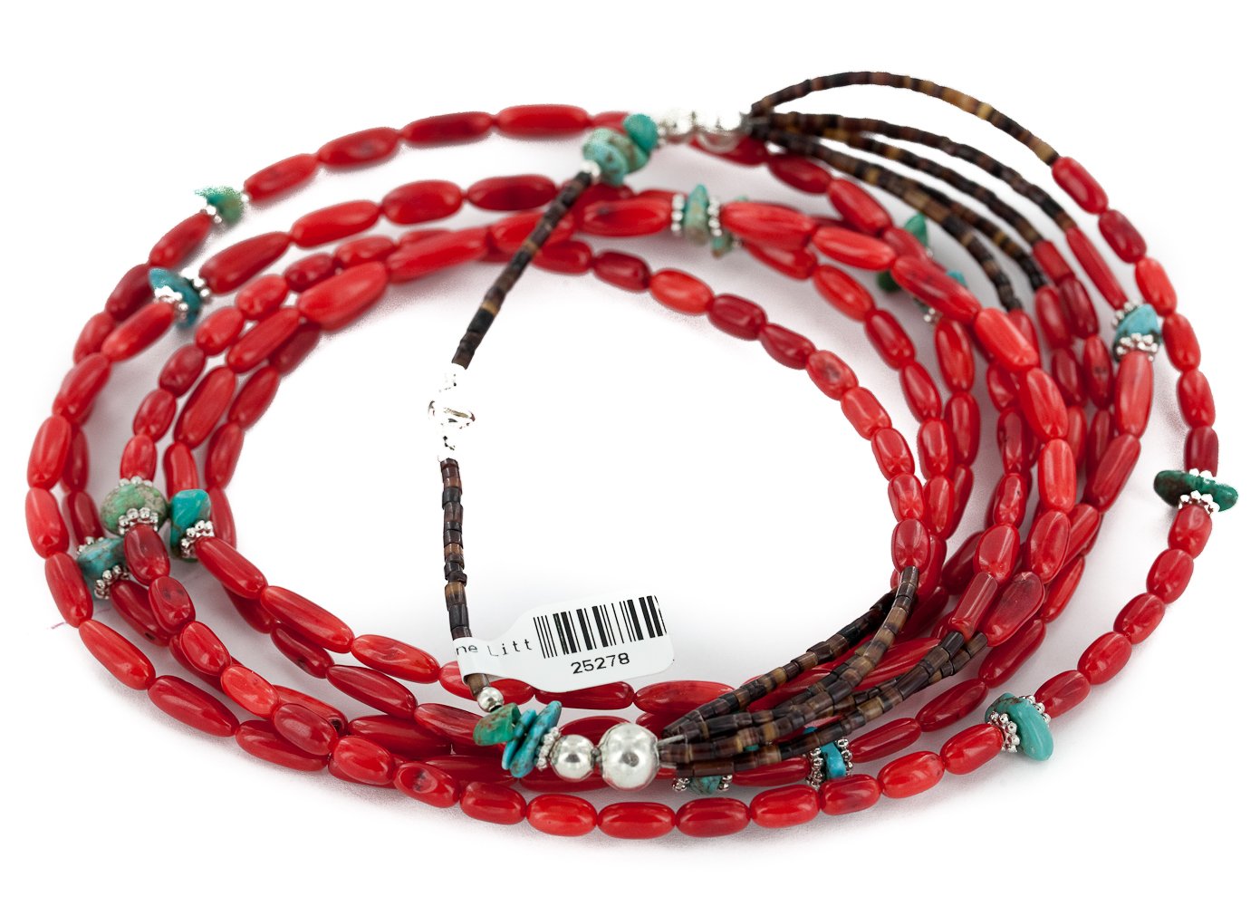 $650Tag Certified 5 Strand Silver Navajo Turquoise Coral Native Necklace 25278 Made by Loma Siiva
