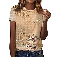 Womens Summer Tops 2024 Round Neck Floral Print Short Sleeve Plus Size T-Shirt Comfort Fitted Outdoor Sports Tees