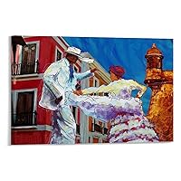 Landscape Poster Puerto Rico Bomba Beachside Dancing Cheerful Retro Art Poster, Decorative Wall Art Canvas Poster Wall Art Decor Print Picture Paintings for Living Room Bedroom Decoration Frame-style