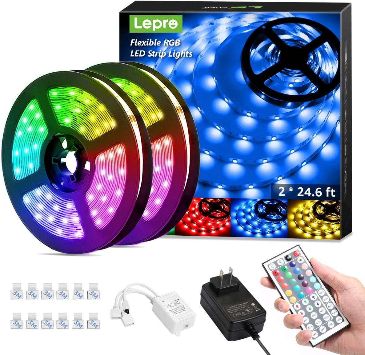 Lepro 50ft LED Strip Light, Ultra-Long RGB 5050 LED Strips with Remote Controller and Fixing Clips, Color Changing Tape Light with 12V ETL Listed Adapter for Bedroom, Room, Kitchen, Bar(2 X 24.6FT)