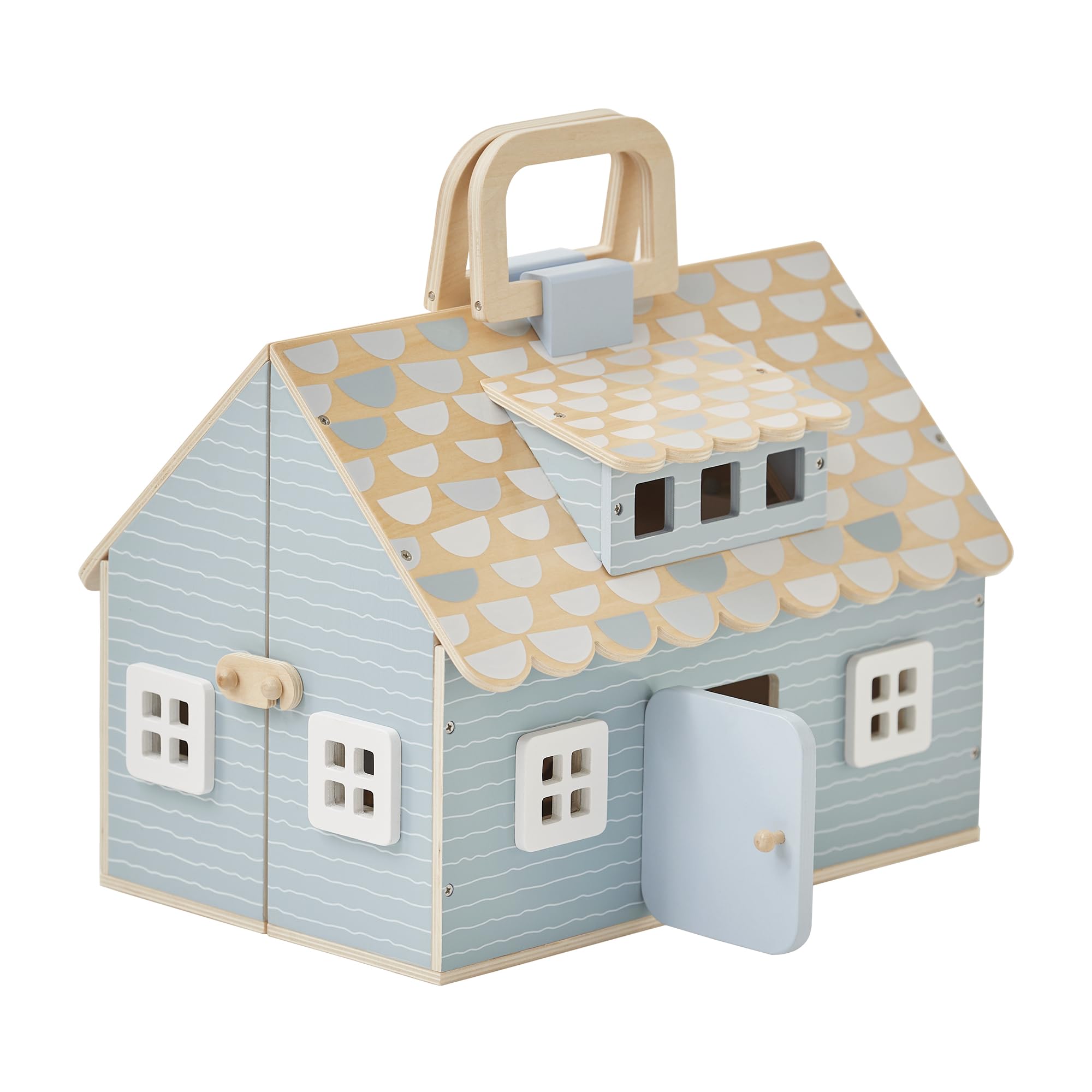 Olivia's Little World - Fold and Go Wooden Dollhouse, Quaint Little Cottage Portable Dollhouse Playset, Pretend Play Toy Gift Set with 12 Accessories, Powder Blue/Wood, Girls Gift, Ages 3+