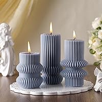 3 Pcs Small Ribbed Pillar Candles Ribbed Candle Soy Wax Scented Pillar Candle Aesthetic Candle Modern Geometric Candle Tall Pillar Candle Modern Home Decor for Bathroom Living Room(Blue)