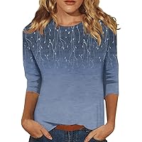 Plus Size Yoga Floral Cotton Pullover Lady Crewneck Soft Fashion Pullover 3/4 Sleeve Floral Shirt Women's Blue